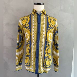 Versace Barocco Blue and Gold Cotton Shirt Size 39
